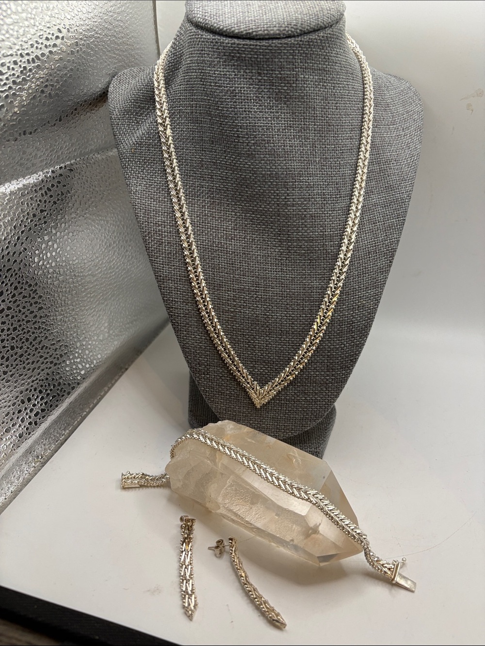 Vintage Sterling  Silver Chevron Necklace Bracelet & Earrings